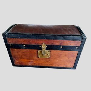 Vintage Wooden Doll Trunk Chest with Brass Latch & Black Trim Storage Case 1940s